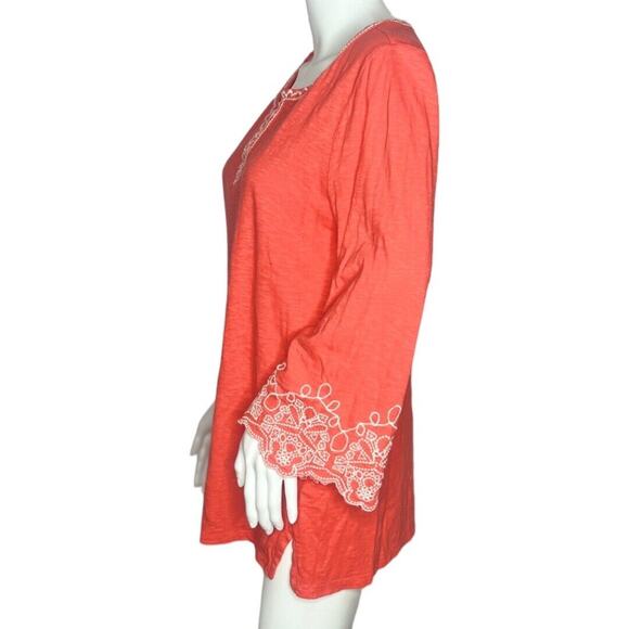 Talbots Shirt Women Medium Coral Orange White Embroidered Tunic Top Boho Peasant - Picture 3 of 6